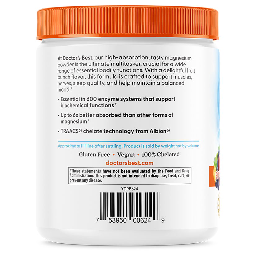 Doctor's Best High Absorption Magnesium Powder Lysinate Glycinate 100% Chelated, 400 mg Per Serving, Fruit Punch, 12.1 oz (340 g)