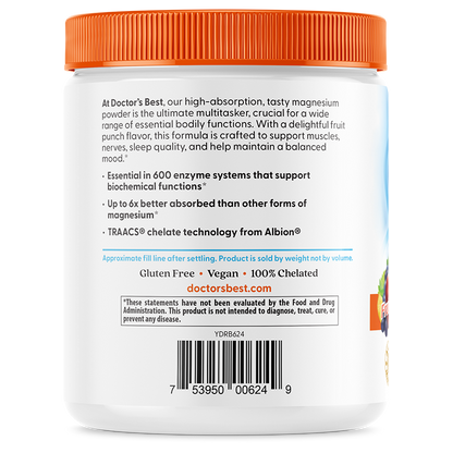 Doctor's Best High Absorption Magnesium Powder Lysinate Glycinate 100% Chelated, 400 mg Per Serving, Fruit Punch, 12.1 oz (340 g)