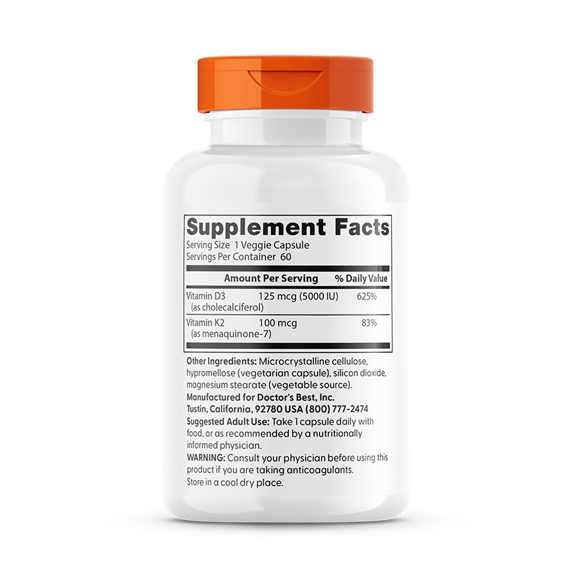 Doctor's Best Vitamin D3 + K2, MK-7, 60 Veggie Caps