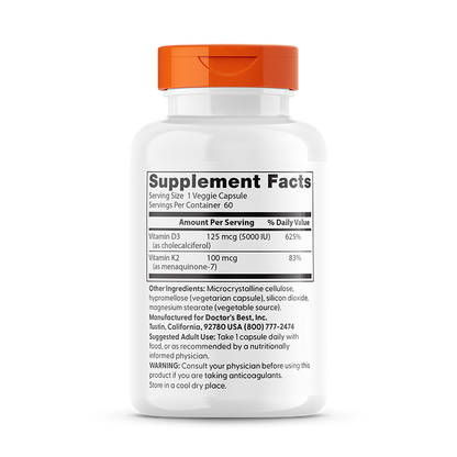 Doctor's Best Vitamin D3 + K2, MK-7, 60 Veggie Caps