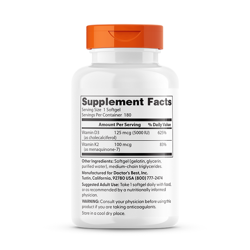 Doctor's Best Vitamin D3 + K2 MK-7, 180 Softgels