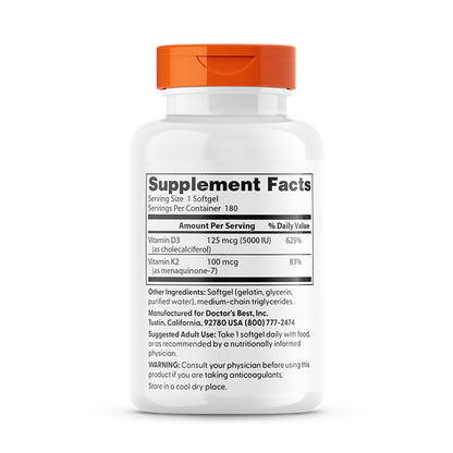 Doctor's Best Vitamin D3 + K2 MK-7, 180 Softgels